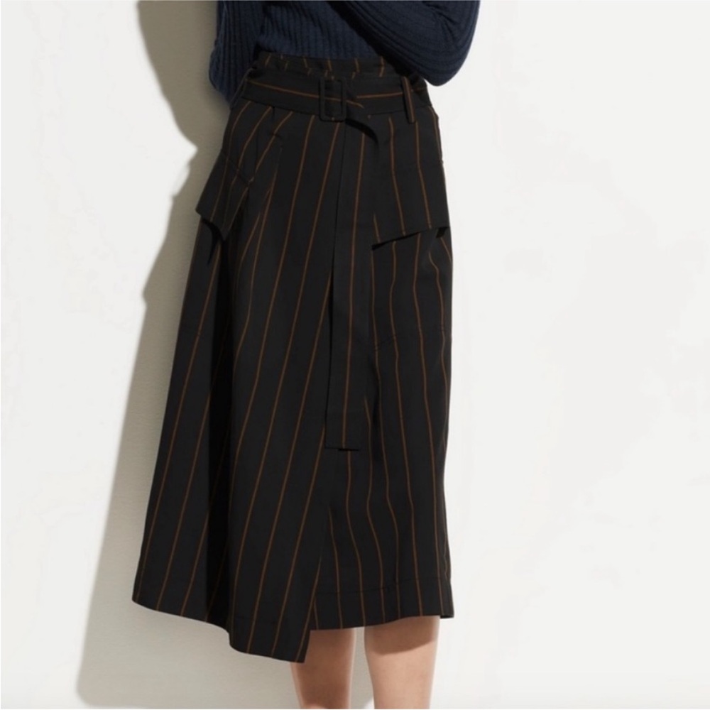 NWT Vince Black/Goldenrod Pinstripe Belted Wrap Midi Skirt, Size 10